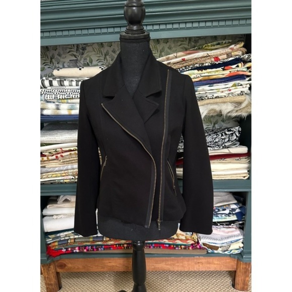 Coldwater Creek Women's Jacket Black Full Side Zip Motorcycle Jacket‎ Cotton 6P